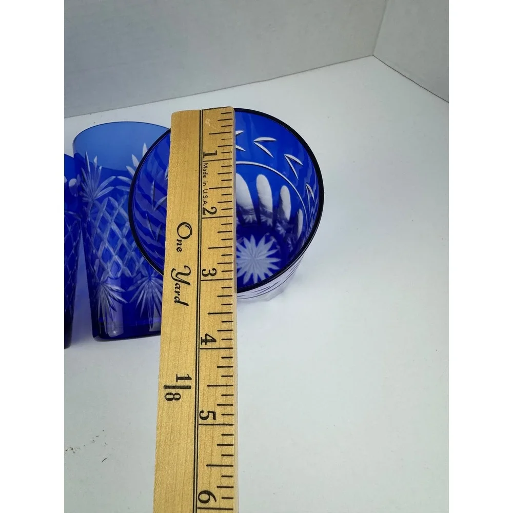 VTG Cobalt Blue Cut to Clear Highball Glasses Set 4 Mixed Pattern Towle Style